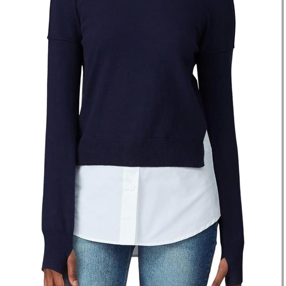 Blue and White Crew Neck Sweater with Layered Look